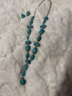 Turquoise Stone Long Statement Necklace with Matching Earrings - Women Jewelry